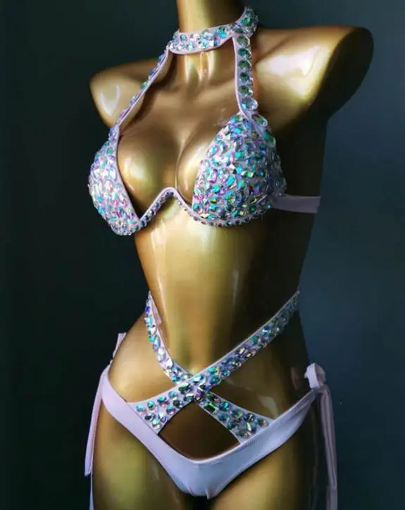 4 jasny kolor Bikini Set kobiety Diamante karnawał biustonosz Rhinestone Sexy noc klub majtki festiwal nosić płonący mężczyzna strój