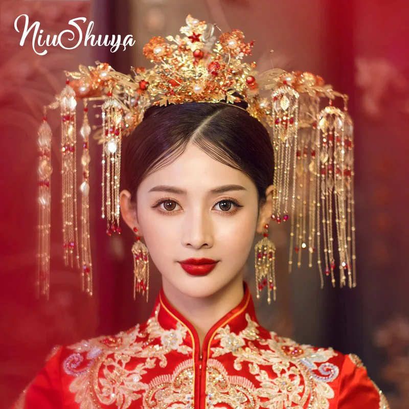 NiuShuya Gorgeous Retro Chinese Big Size  Hairwear Phoenix Coronet Long Tassel  Red Flower Wedding Stage Hair Accessory