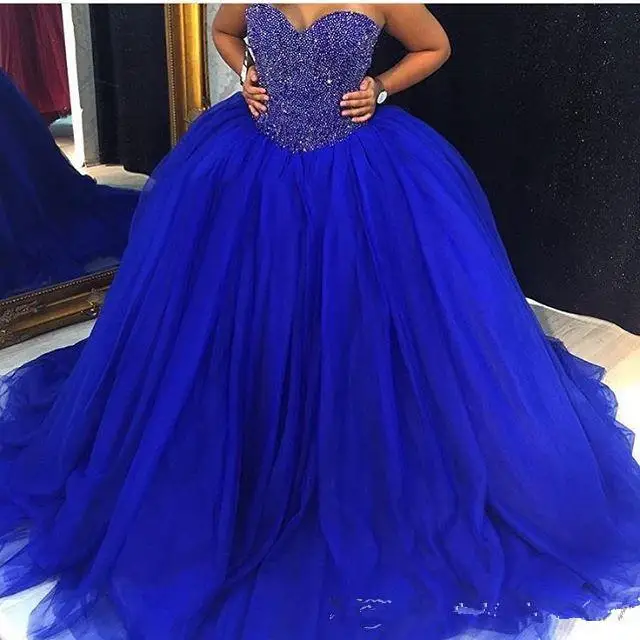 2021 novo barato azul real inchado tule quinceanera vestidos querida cristal frisado princesa pageant vestidos de roupa de noiva