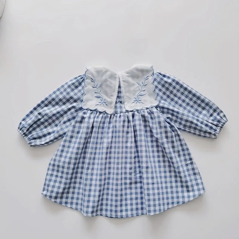 Spring Newborn Baby Girls Sister Embroidery Grid Dress Toddler Jumpsuit Baby Clothes Infant Girls Long Sleeve Children Dress