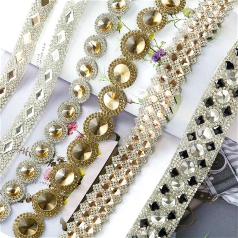 1yard Beads color stone lace patches iron on hot drilling rhinestone ribbon DIY dress wedding Clothing Accessories