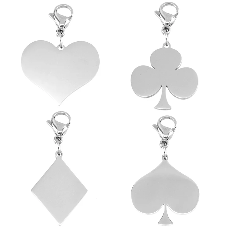 Poker Clasp Charm Playing Cards Clubs  Hearts Spades Tags Pendants for men women mirror polished stainless steel Pendants