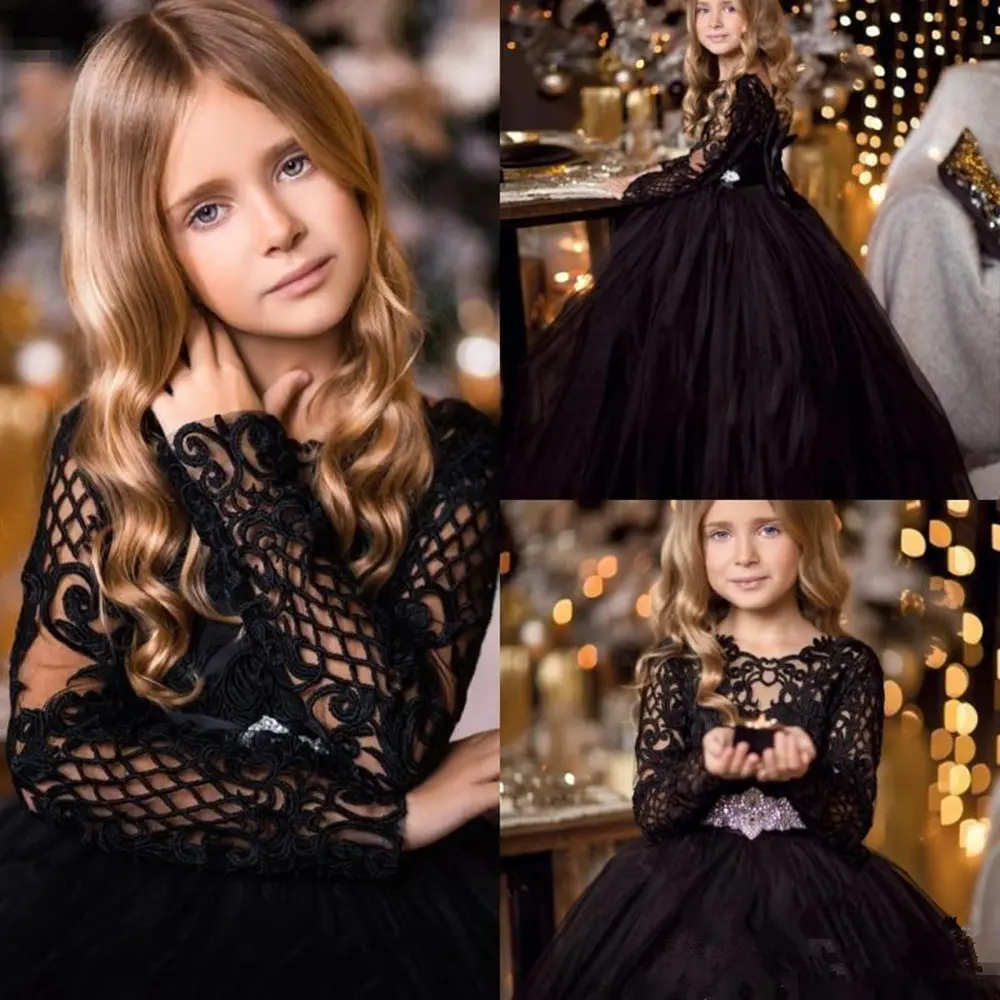 Elegante vestido negro de flores para niña, vestido de fiesta de tul de manga larga, vestidos de primera comunión de tul para niña pequeña