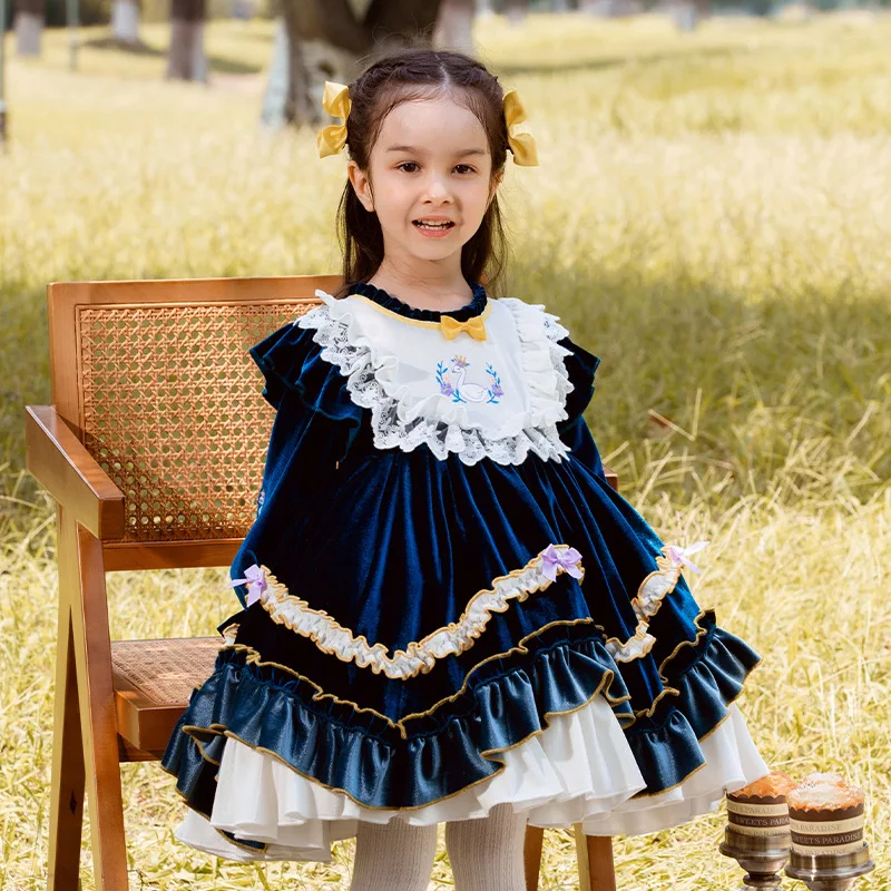 Baby Girl Children Duck Embroidery Ball Gown Lolita Velvet Dress Infant Spanish Princess Dresses Kids Birthday Boutique Frocks