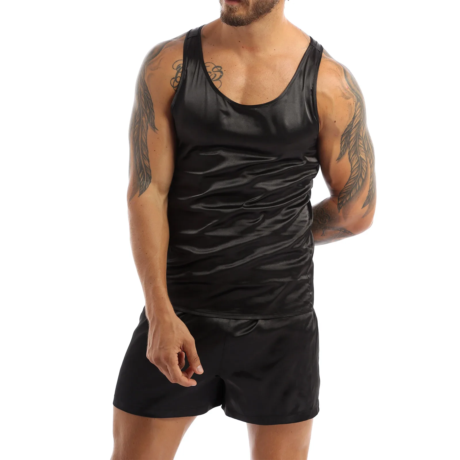 ZDHoor Men Satin Pajamas Pyjamas Set Sleepwear Pijama Summer Homewear Sleeveless Tops Shorts Suit Two Piece Set Men Sleepwear