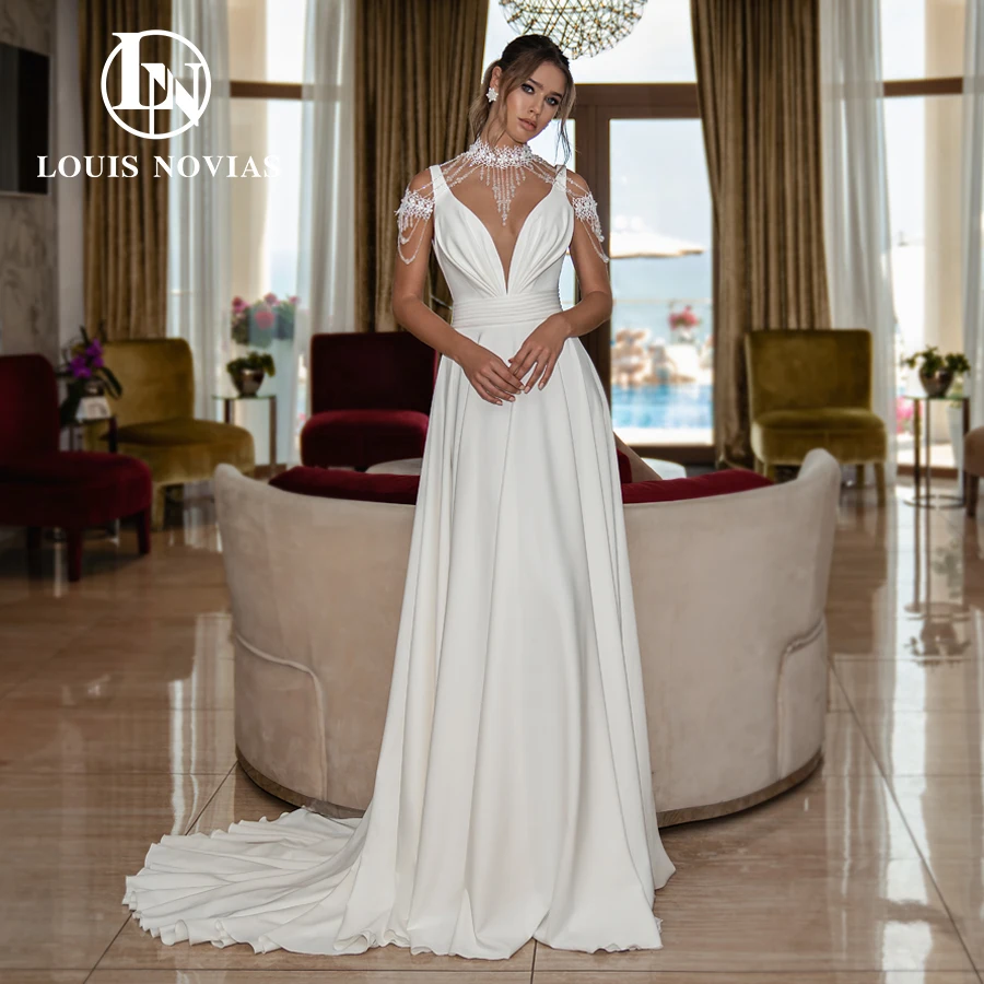 LOUIS NOVIAS A-Line Wedding Dress 2022 Graceful Backless V-Neck Satin Bride Sleeveless Crystal Lace Decoration Bridal Gown