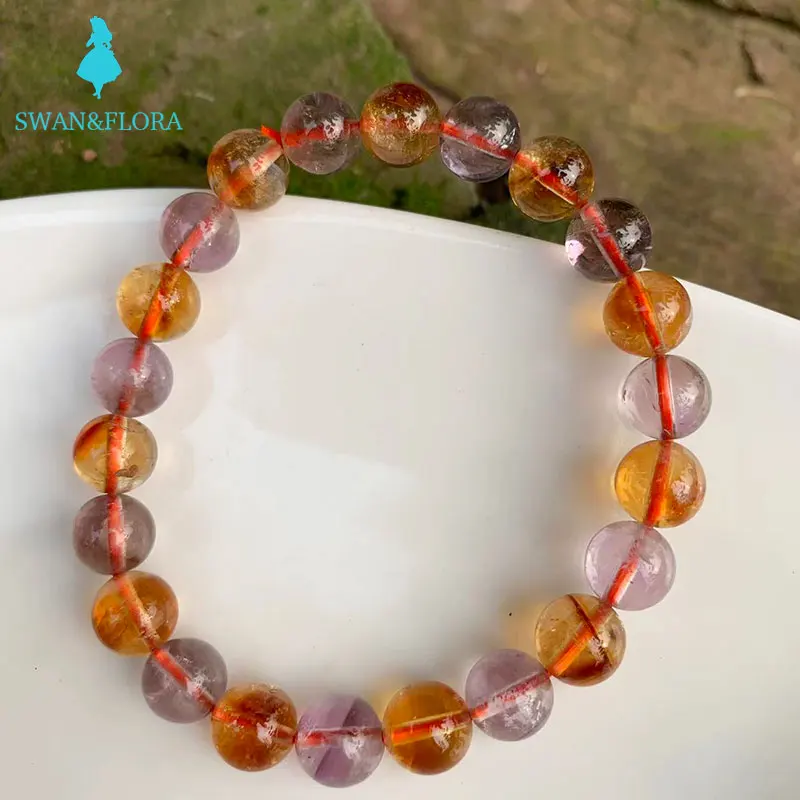 

8.5MM Genuine Natural Ametrine Beads Bracelet yellow purple Gift Woman Round Beads gem stone jewelry