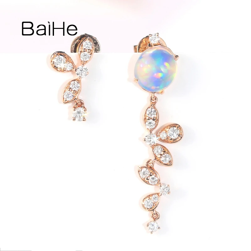 BAIHE Solid 14K Rose Gold Opal Natural Diamond Leaf Stud Earrings Women Engagement Wedding Fine Jewelry pendientes mujer серьги