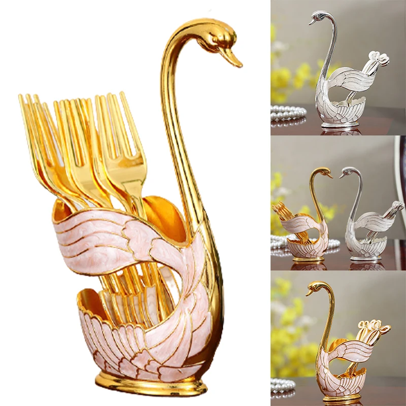 Set porta cucchiaio da caffè con forchetta cigno da 7 pezzi, decorazione cava in metallo per la casa, insalata di frutta, forchetta da dessert,