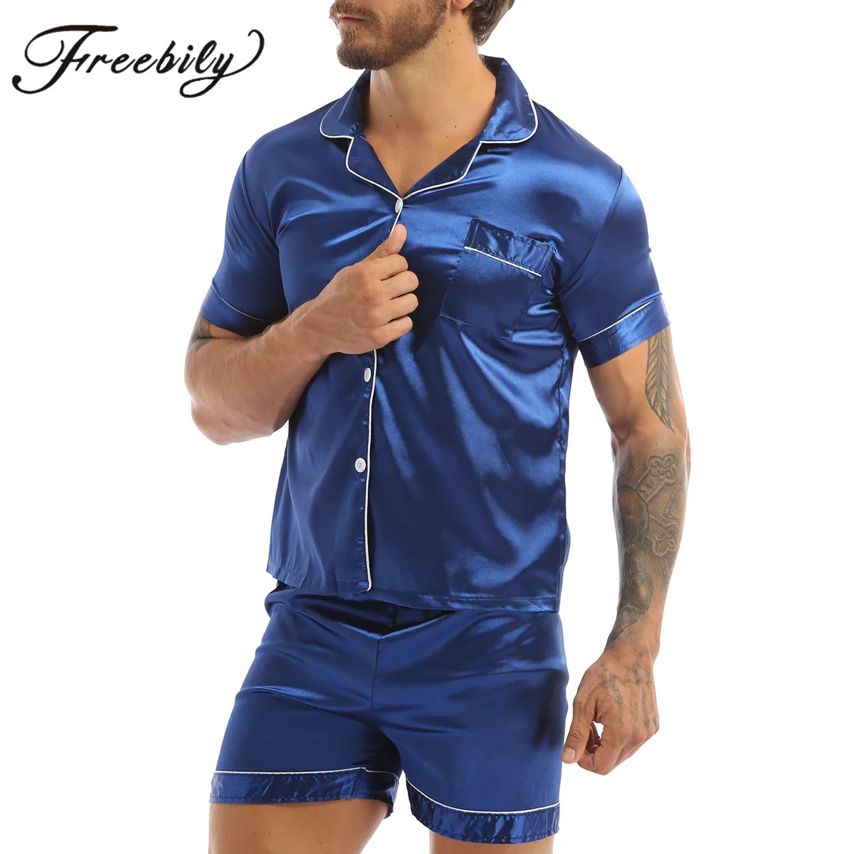 2Pcs Mens Satin Pajamas Set  Summer Soft Short Sleeve Silk Sleepwear Tops Shorts Pajama Homewear Loungewear Suits Plus Size