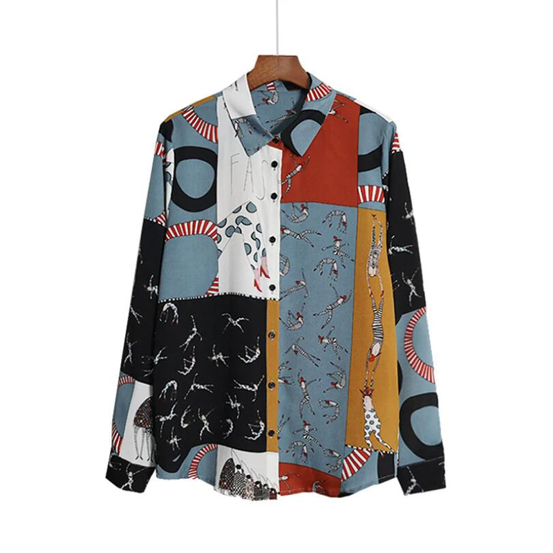 2021 Lady Spring&Autumn Fashionable Cartoon Character Color Block Printing Long Sleeves Chiffon Blouse