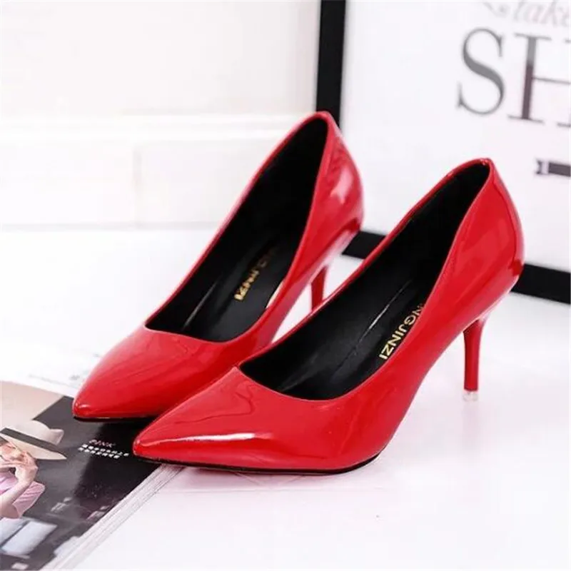 

2021 Sexy Women Shoes Red Pointed Toe Pumps Patent Leather Dress Shoes High Heels Boat Shoes Wedding Shoes Zapatos Mujer