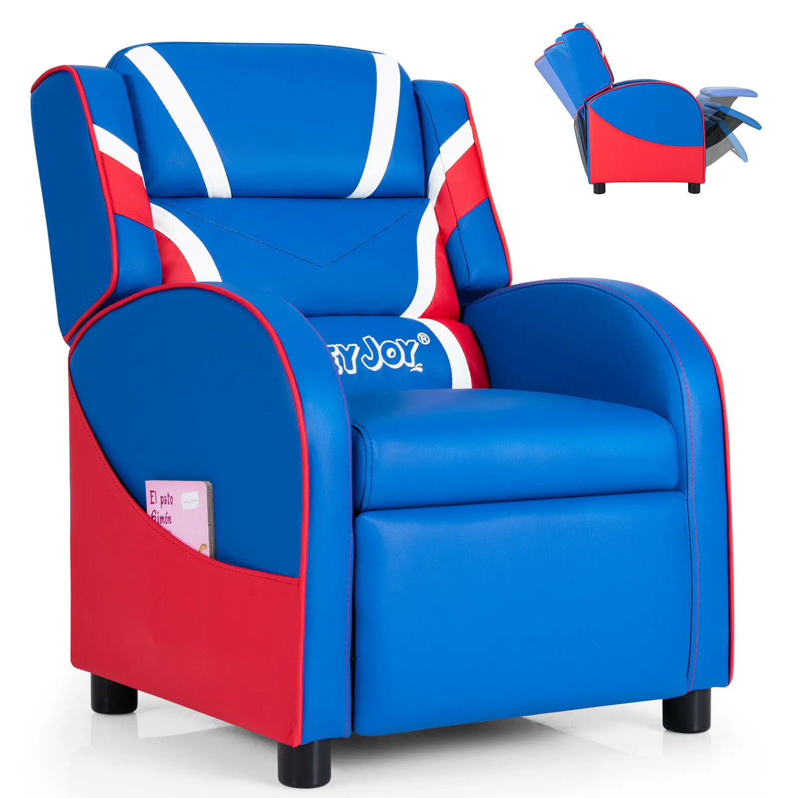 Costway เด็ก Recliner เก้าอี้ Gaming โซฟา PU เก้าอี้หนัง W/กระเป๋าด้านข้างสีฟ้า/สีชมพู HW66976