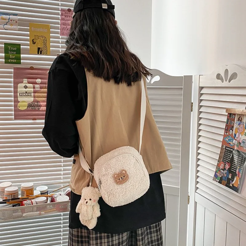 Kawaii  Embroidered Crossbody Bags with Bear Wool Women Shoulder Bags Small Plush Messenger Bags