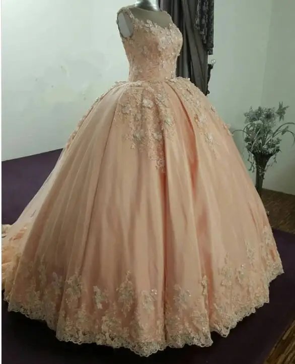 15 Year Quinceanera Dresses Peach Pink Color Long Women Prom Dress Sexy Sheer Neck Bodice Lace Appliques Formal Debut Gowns