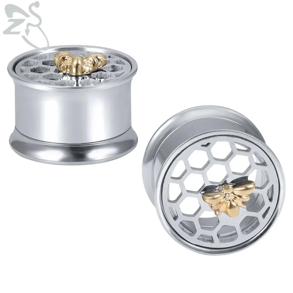 

ZS 1 Pair Double Flare Stainless Steel Ear Plugs Tunnel Bee Ear Gauges Earring Ear expansiones de oreja Body Piercing Jewelry