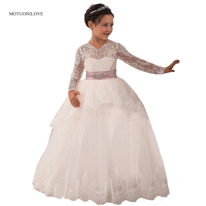 Princess Flower Girl Dresses O Neck Ball Gowns for Little Baby vestidos de primera comunion Long Sleeves Kids Pageant Dresses