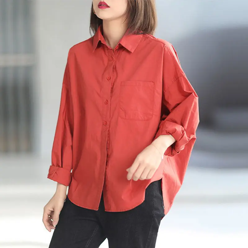 2021 New Spring/autumn Women Loose Turn-down Collar Long Sleeve Blouse Good Quality Pockets Cotton Linen Casual Shirts W590