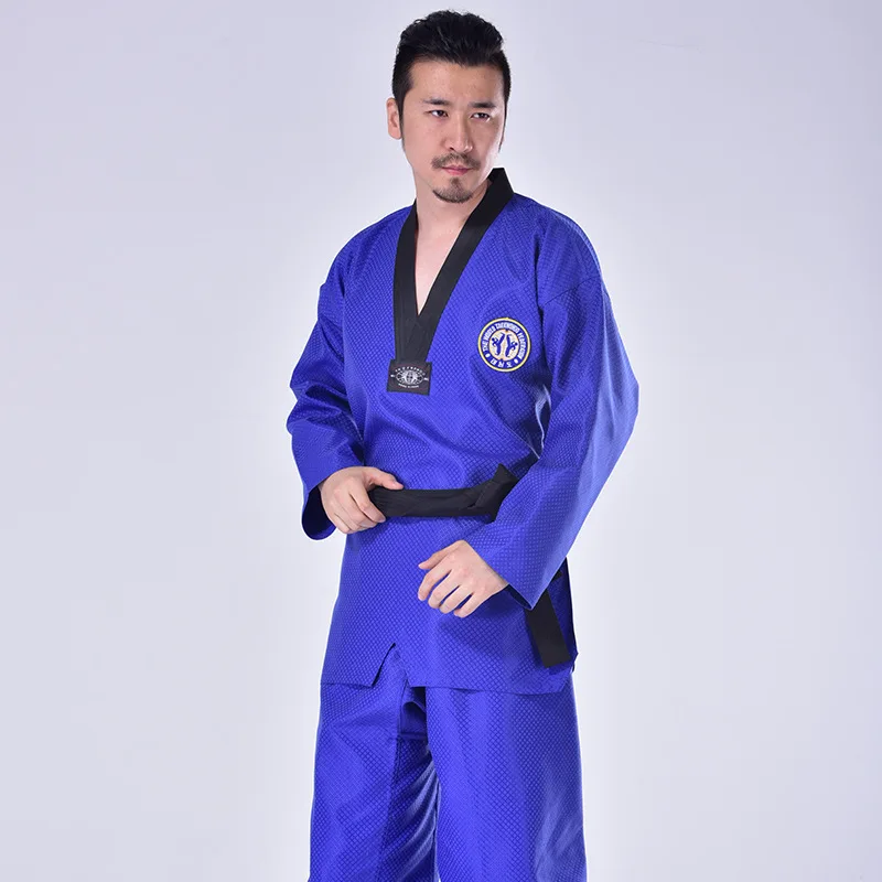 Niebieski mundur Taekwondo Kolory Unisex Trener Garnitur Mężczyźni Czarny Żółty Pas Karate Judo Dobok Kobiety WTF Ubrania Długi rękaw Dzieci TKD