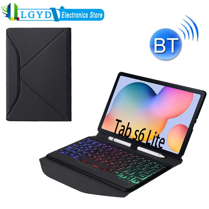 

Для Samsung Galaxy Tab S6 Lite, треугольный задний держатель с алмазной текстурой, разборный кожаный чехол с Bluetooth клавиатурой и подсветкой