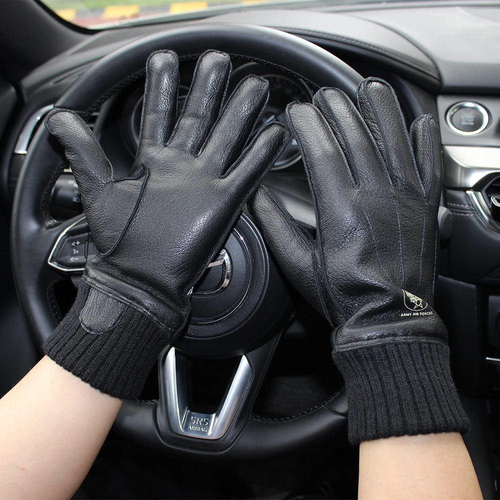 New style touch screen men\'s deerskin gloves high-quality genuine leather with fleece lining driving pilot gloves