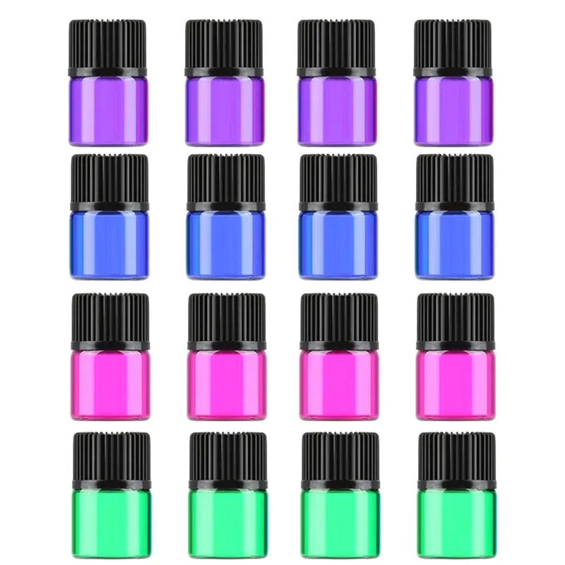 

100pcs 1ml 2ml 3ml 5ml Mini Perfume Liquid Colorful Glass Bottle with Orifice Reducer and Cap Small Essential Oil Vials