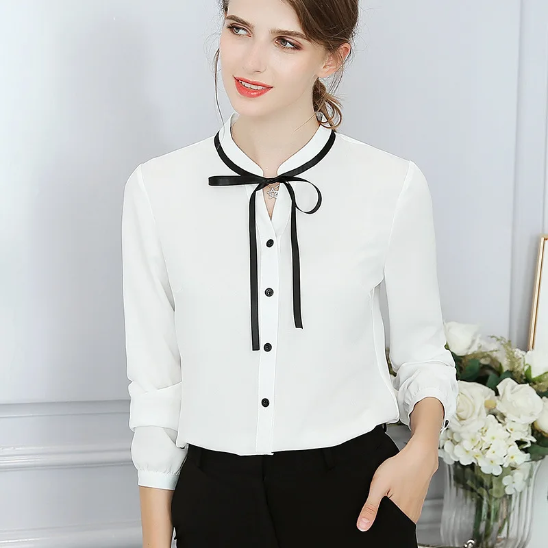 Blusa de chifón de manga larga para Mujer, camisa blanca ajustada con lazo, para oficina y trabajo, Otoño, 2020