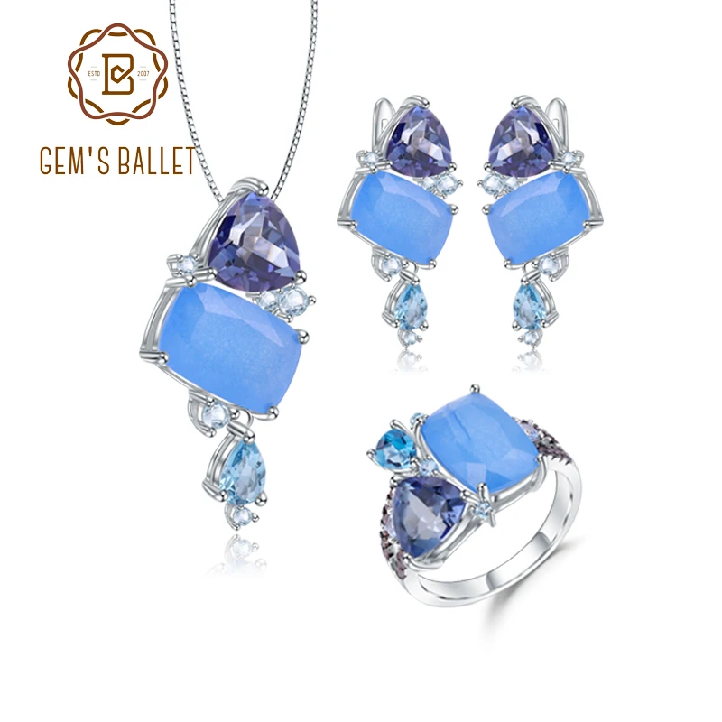 

GEM'S BALLET Natural Aqua-blue Calcedony Candy Fine Jewelry 925 Sterling Silver Ring Earrings Pendant Jewelry Sets For Women