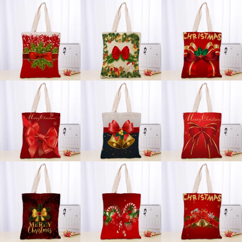 

Christmas Red Bow Tote Shopping Bags 30x35cm Christmas Ornaments Tote Bag Reusable Handbag Women Shoulder Cloth Pouch Foldable