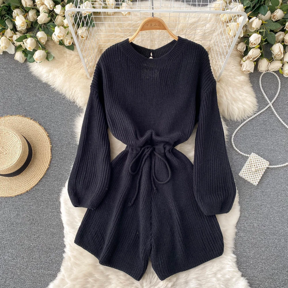 Women Knitted Playsuits Fashion Streetwear O-neck Long Sleeve Drawstring Lace-up Back Hole Casual Loose Short Jumpsuit Overalls