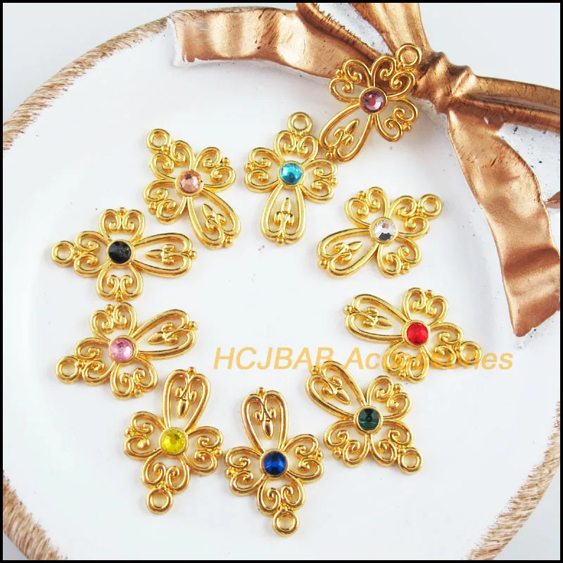 20 New Cross Flower Charms Gold Color Mixed Crystal Pendants 14.5x21.5mm