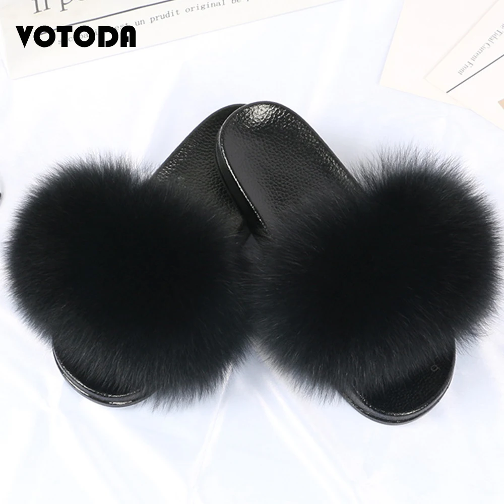 Fur Slippers Women Real Fox Fur Slides Indoor Flat Flip Flop Casual Raccon Fur Sandals Furry Plush Shoes Cute Fluffy House Shoes