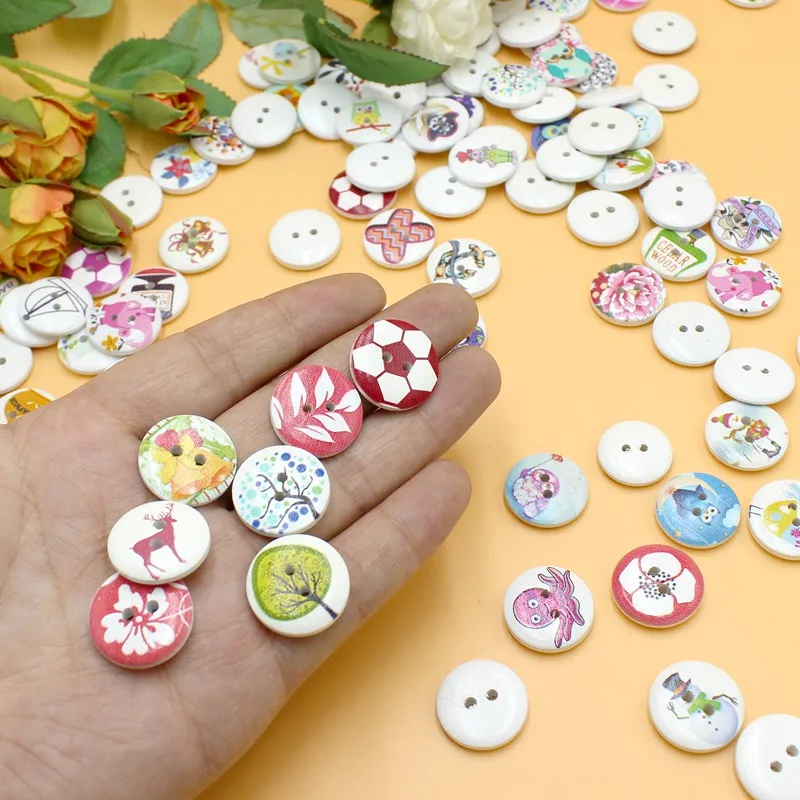 

30 шт./лот, 20 мм, смешанные круглые деревянные пуговицы, 2 отверстия, шитье, плоская задняя часть, декоративные пуговицы для скрапбукинга