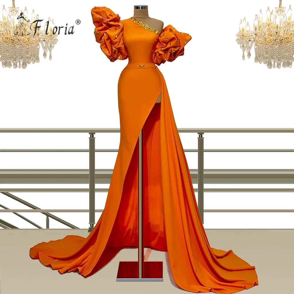 Summer Orange Beaded Evening Dress 2024 High Slit One Shoulder Prom Gown With SweepTrain Formal Party Gowns vestidos de noches