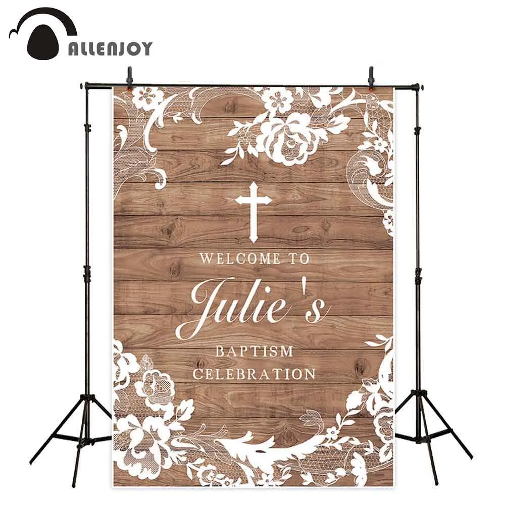 

Allenjoy welcome baptism backdrop photophone wood lace kid communion cross birthday party photocall background photo photography