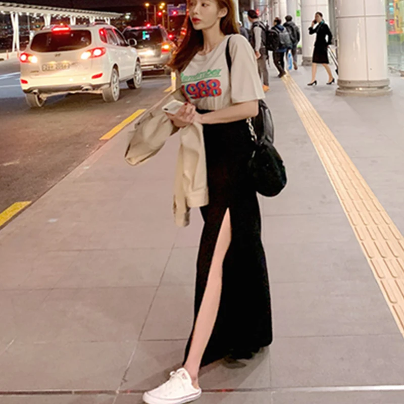 Skirts Women Korean Chic Slim Sexy High Waist Black Split Skirt Pleated Temperament Summer Fashion Faldas Mujer Moda Elegant