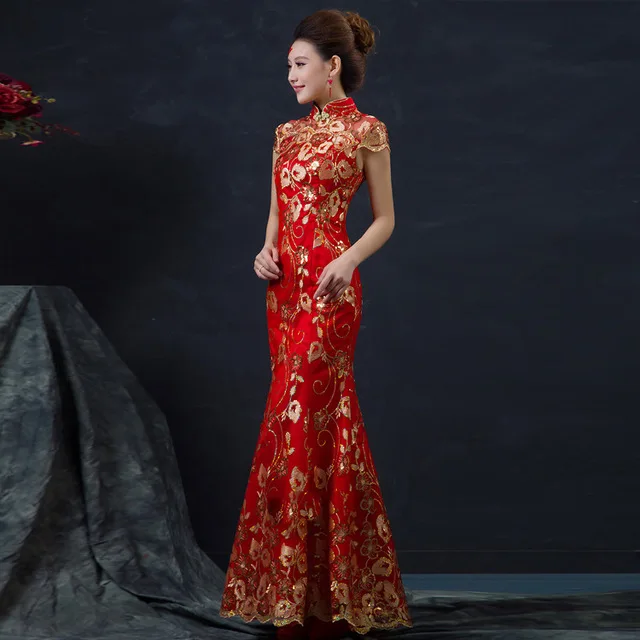 

Red Chinese Wedding Dress Female Long Short Sleeve Cheongsam Gold Slim Chinese Traditional Dress Women Qipao party cheongsams