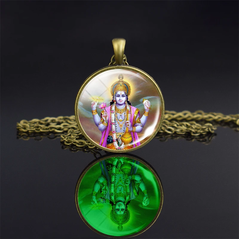 1pc Luminous Lakshmi Goddess God Ganesh Bronze Necklace Glowing Hinduism Glass Cabochon Jewelry Pendant Amulet Gift