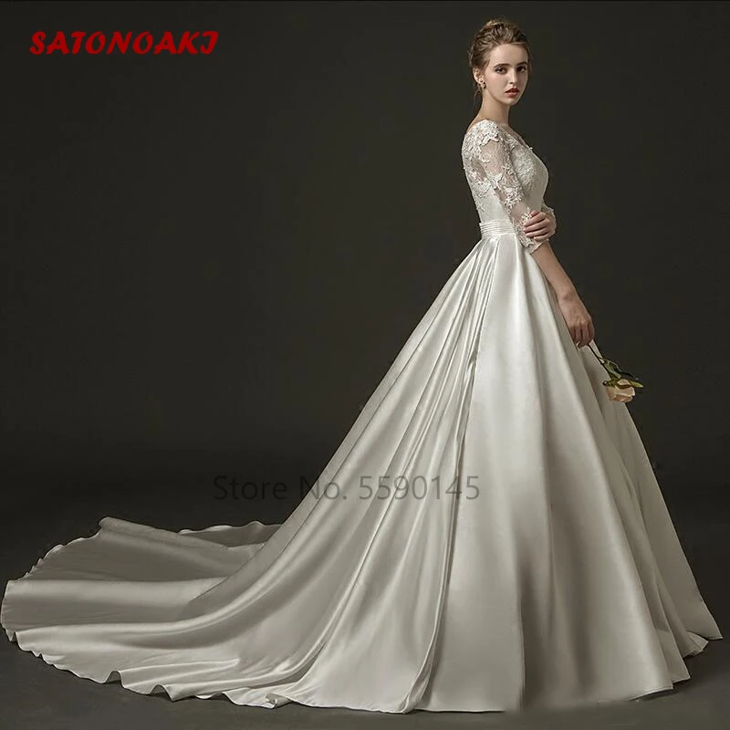 2024 Modest Ball Gown Satin Lace Wedding Dress With 3/4 Sleeves V Neck Corset Back Bridal Vintage Custom Made Vestido De Novia