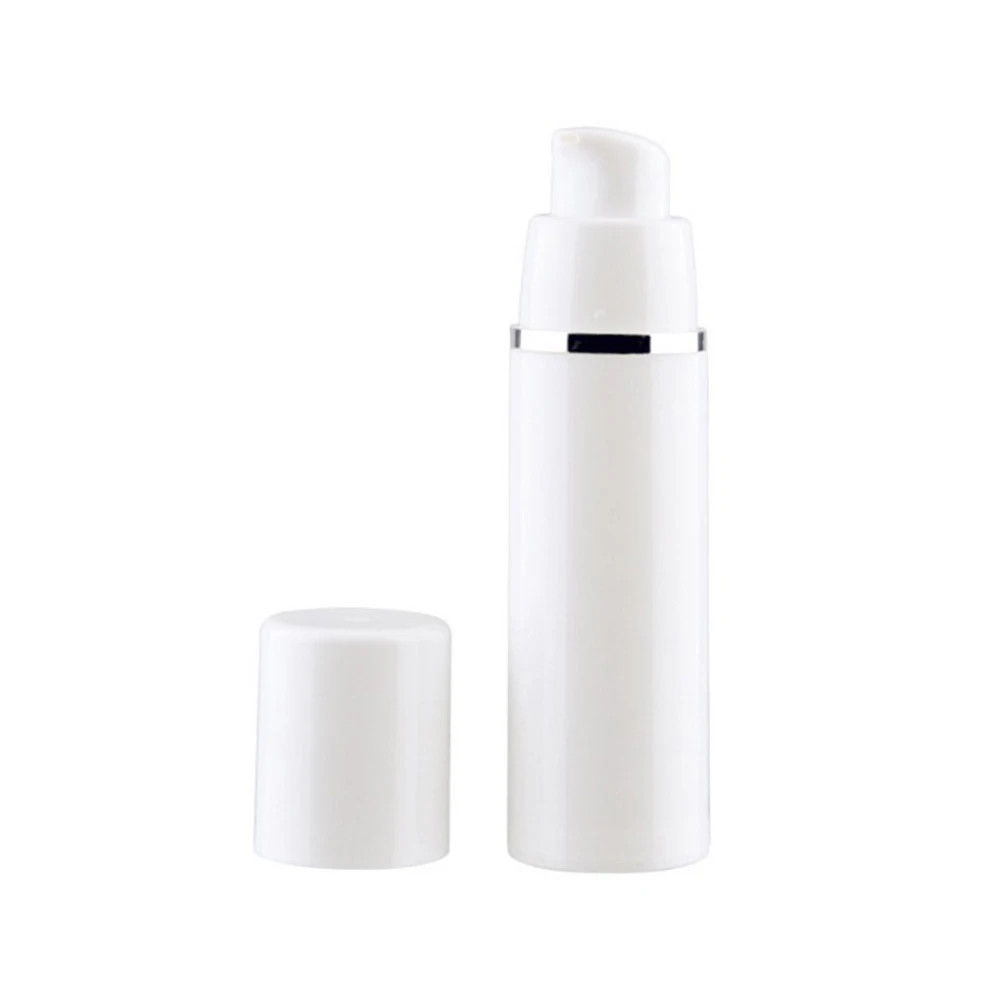 10pcs Pump Bottle Airless Empty Plastic Container White Cosmetic Bottles Cylindrical Refill Tubes Silver Line Cap 15ml 30ml 50ml