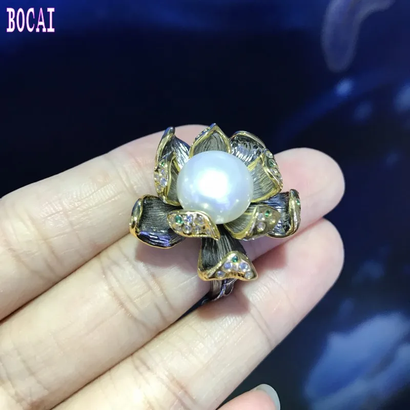 restoring ancient ways for Italy technology original natural black pearl flower ring, 925 silver handmade jewelry