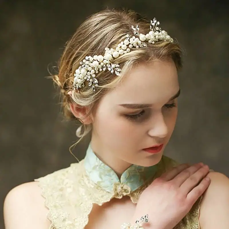 

Vintage Leaf Bridal Hair Band Headband Pearl Hair Accessories Gold Tiara Fiori Elegant Bride Accessories EE502