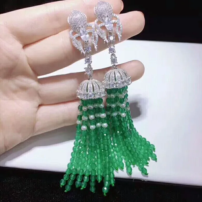 

green jade round faceted 4mm and white pearl hook tassel earrings hook FPPJ wholesale