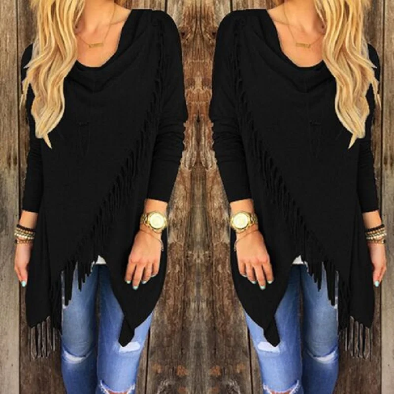 Women\'s Boho Style Knitted Tops, Tassels Crochet, Casual Shirts, Long Sleeve, Autumn, New, Y95