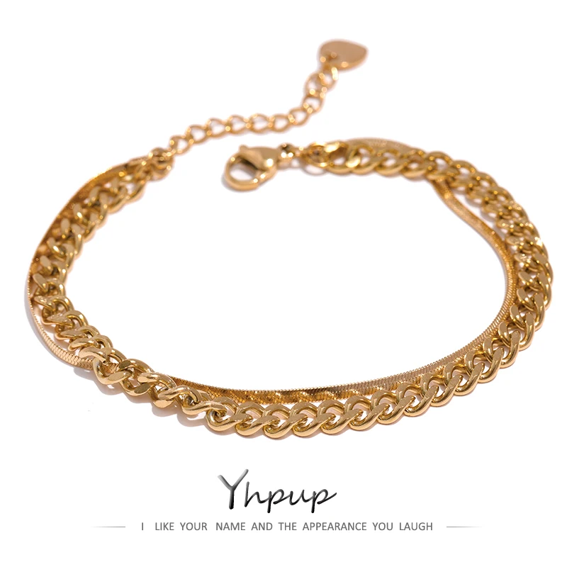 Yhpup Stainless Steel Double Layered Chain Bangle Bracelet Trendy Golden Stylish Unique Design Jewelry Female Party Men Gift