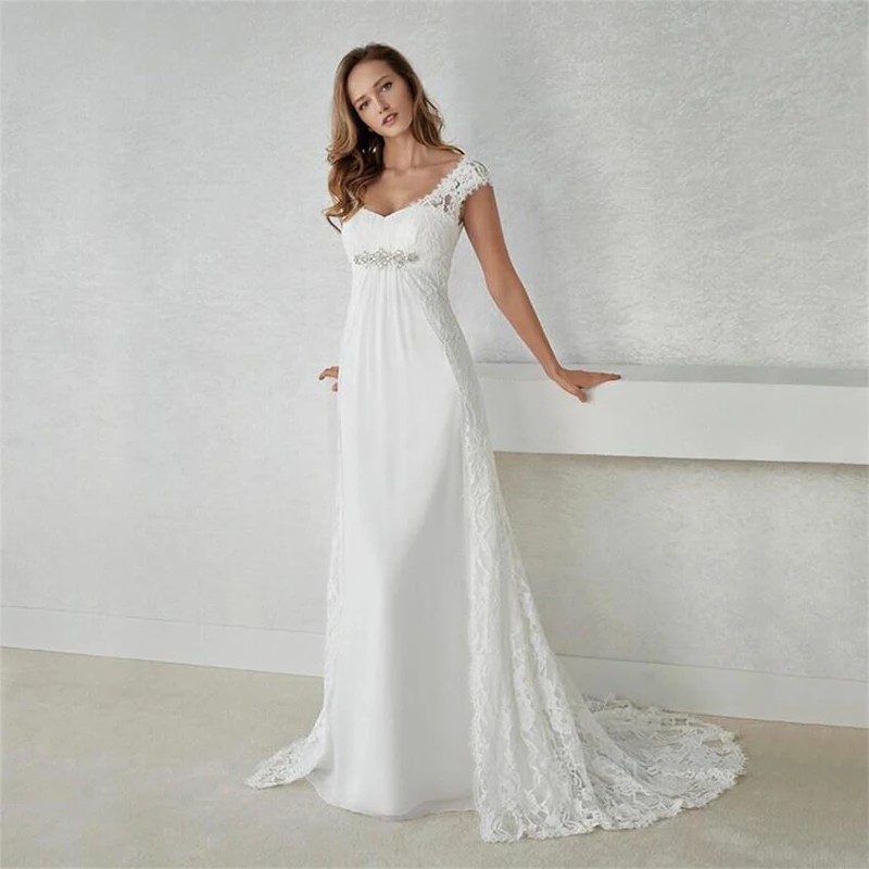 Sling Sleeveless V-neck Applique Sexy Mopping White Wedding Dress Color Customizable