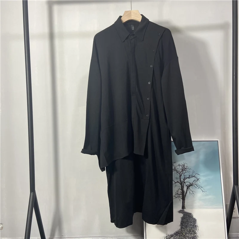 

Mid Long Long Sleeve Shirt In Spring And Autumn Men's New Loose Front Short Back Long Shirt Black Slim Casual Long Sleeve Shirt