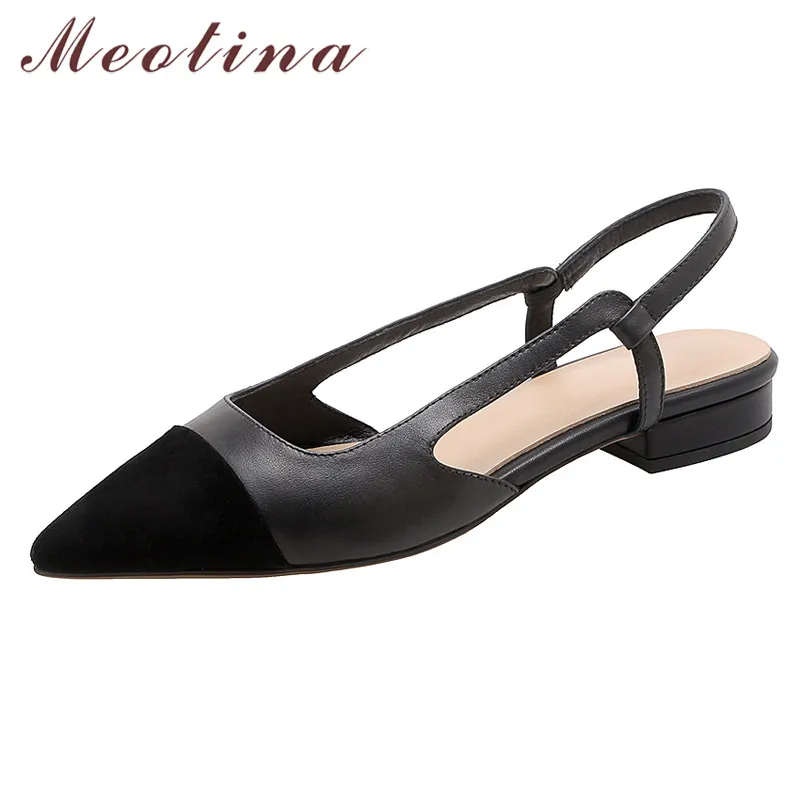 Meotina Genuine Leather Low Heel Slingbacks Shoes Women Shoes Pointed Toe Square Heels Shallow Ladies Footwear Summer Black 40