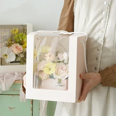 5pcs Flower Gift Paper Boxes Clear Window Transparant Square Shape Portable Gift Packing Boxes Flower Packing Boxes Flower Bags