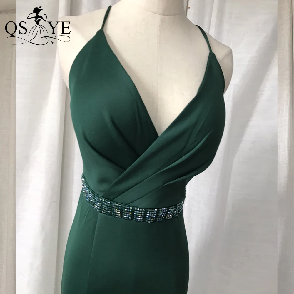 Emerald Mermaid Long Evening Dresses Slit Sexy Ruched V neck Prom Gown Long Tail Open Back Green Bead Crystals Sash Party Dress